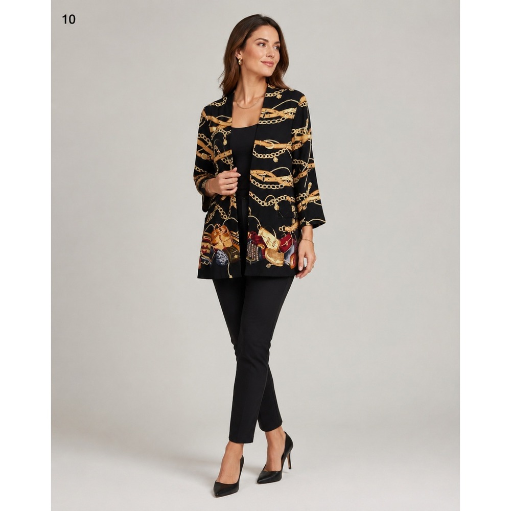 Ali Miles Blazer Jacket Womens 6 Black‎ Gold Rayon Equestrian Print Viontage